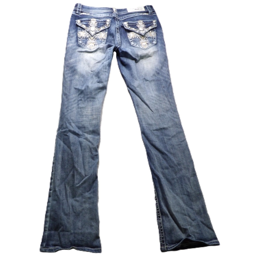 Grace in LA Jeans Women 28 Blue Easy Fit Flap Pocket Rhinestone Embroidery Bling